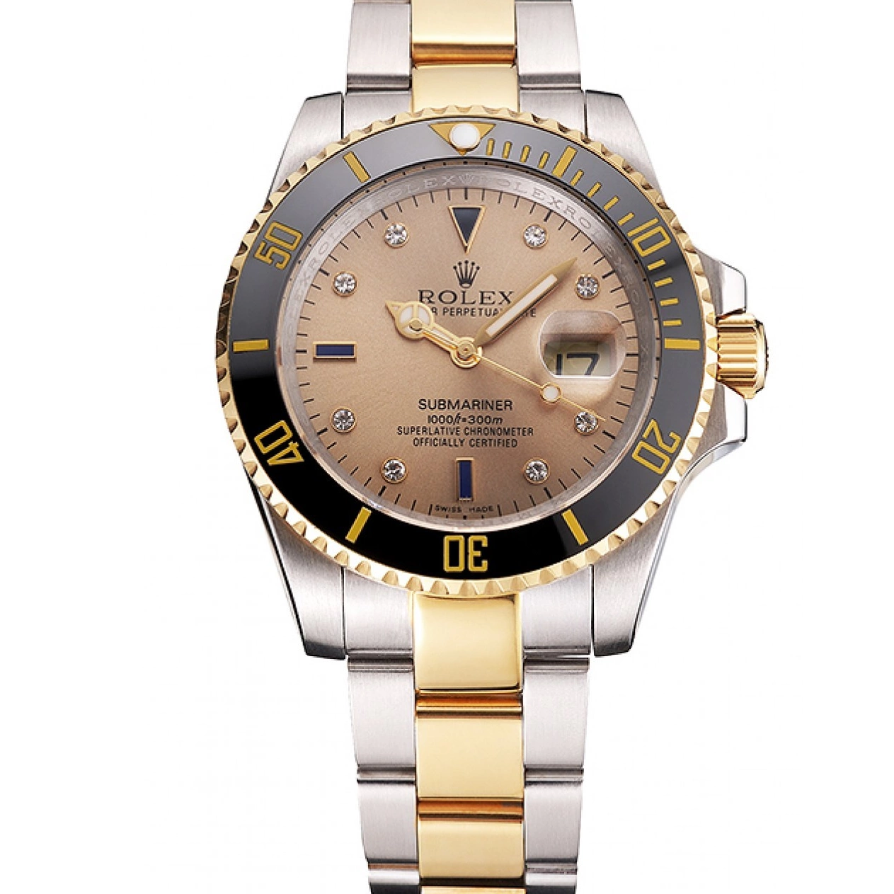 AAA replica watch Markings Gold Black Dial Tone Gold Two Submariner Diamond Bezel Swiss Steel Rolex Bracelet 0818